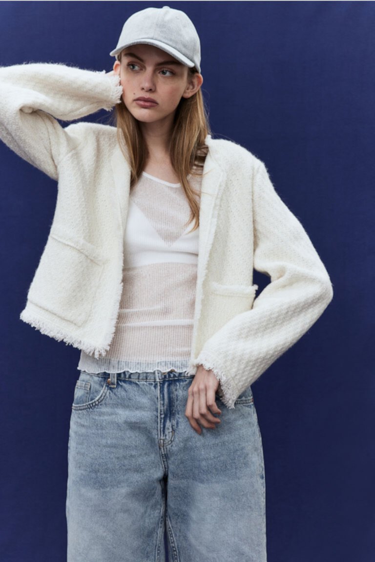 Frayed-edge Textured-knit Cardigan H&M