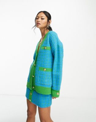 Y.A.S boucle button through cardigan in blue and green check Y.A.S