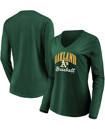 Женская футболка с длинным рукавом Green Oakland Athletics Victory Script с V-образным вырезом Fanatics