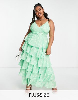 Зеленое ярусное платье мидакси на бретельках с цветочным принтом Pretty Lavish Curve Pretty Lavish Curve