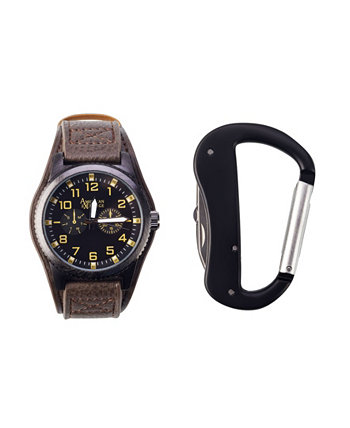 Мужские аналоговые часы с кварцевым механизмом, черным кожаным ремешком, 44 мм, карабином и дорожной сумкой на молнии American Exchange