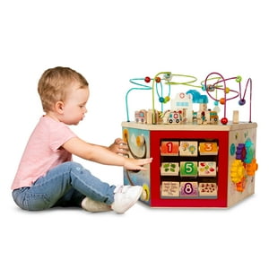 Battat CurioCity Wooden Activity Center with 7 Sides and Bead Maze, Baby and Toddler Toys Battat