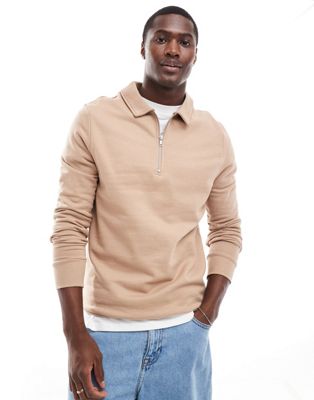 ASOS DESIGN polo sweatshirt with zip in beige  ASOS DESIGN