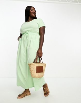 Yours Exclusive maxi t-shirt dress with drawstring waist in sage green Yours