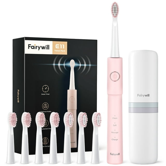 Fairywill Ultrasonic Electric Toothbrush for Adults , Rechargeable Whitening Sonic Toothbrush with 8 Duponts Brush Heads 5 Modes , Waterproof Fairywill