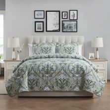 VCNY Home Province 3-Piece Green Floral Damask Printed Quilt Set VCNY HOME