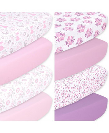 Простыни для кроватки для девочек с цветочным принтом Woodland, розовые и фиолетовые, набор из 8 штук The Peanutshell