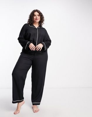 Черная пижама из модальной рубашки и брюк с контрастной окантовкой ASOS DESIGN Curve ASOS Curve
