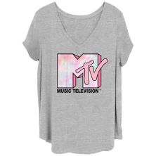 Juniors' Plus Size MTV Pink Tie Dye Print Logo V-Neck Graphic Tee MTV