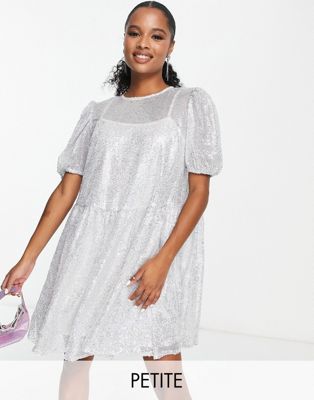 Collective the Label Petite exclusive puff sleeve sequin mini dress in silver Collective The Label Petite