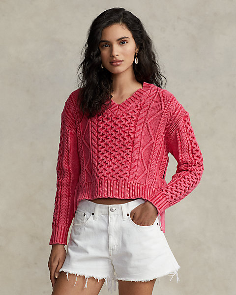 Aran-Knit Cotton V-Neck Sweater Ralph Lauren