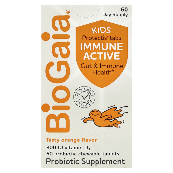 Kids, Immune Active с L. Reuteri + витамин D, апельсин, 60 пробиотических жевательных таблеток BioGaia