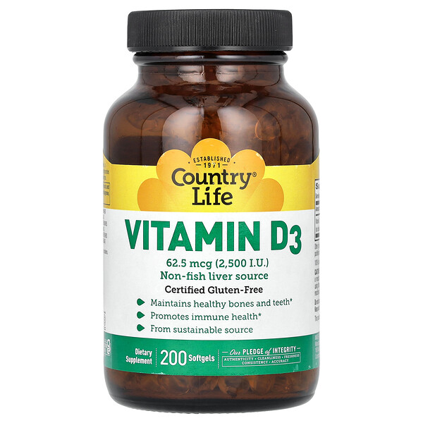 Витамин D3 - 62.5 мкг (2500 МЕ) - 200 мягких капсул - Country Life Country Life