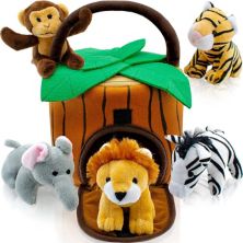 6-Piece Plush Talking Jungle Animals Set with Carrier - Elephant, Tiger, Lion, Zebra, Monkey Play22