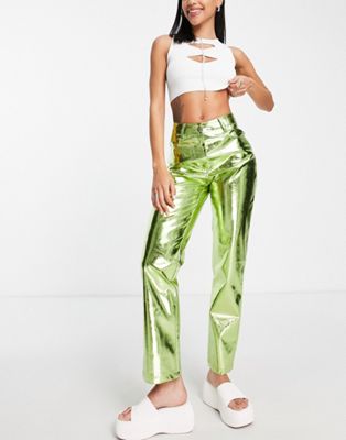 Amy Lynn high rise fluid metallic pants in iridescent green Amy Lynn