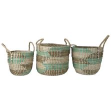 Set of 3 Natural Woven Seagrass Basket with Teal  Black and White Accents Christmas Central