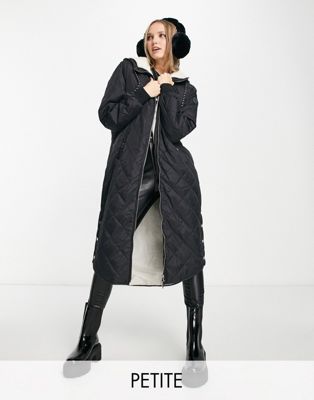 Черное длинное стеганое пальто с плюшевым капюшоном Only Petite Only Petite