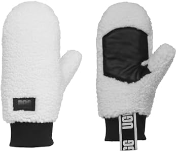 UGG Women's UGGFluff Logo Tape Mittens - Soft Polyester Body, Leather Palm Patch UGG