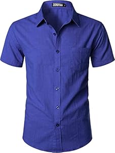 ZEROYAA Men's Fitted Cotton Linen Casual Short Sleeve Button Up Shirts Lightweight Beach Tops with Pocket Zeroyaa