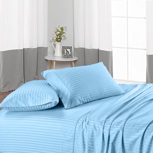 Short Alaska King Size Bed Sheet Set 4 Piece, 400 Thread Count, 14" Deep Pocket, 100% Egyptian Cotton, Sateen Finish, Extra Soft and Luxury - Light Blue Stripe. Bedding Begs