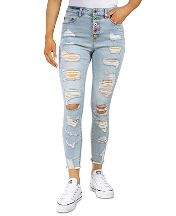 Juniors' Shredded Button-Fly Jeans Indigo Rein