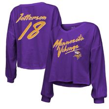 Женская укороченная футболка с открытыми плечами и надписью Majestic Threads Justin Jefferson Purple Minnesota Vikings с v-образным вырезом и длинными рукавами Majestic Threads