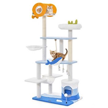 Multi-level Ocean-themed Cat Tree Tower with Sisal Covered Scratching Posts-Blue Sugift