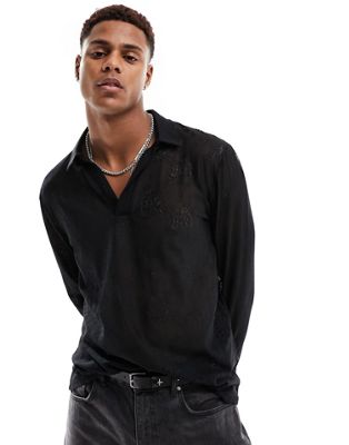 Черная кружевная рубашка-поло с длинными рукавами и глубоким v-образным вырезом ASOS DESIGN ASOS DESIGN
