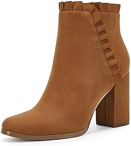 Ermonn Womens Chunky Block Heel Ankle Boots Faux Suede Ruffle Fall Winter Western Booties Ermonn