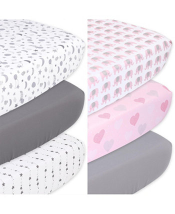 Простыни для кроватки для девочек Celestial Stars и Pink Elephant, набор из 6 штук, серый, розовый The Peanutshell