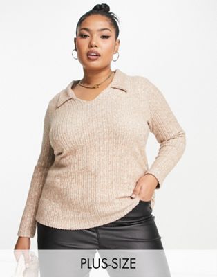 Simply Be collared long sleeve top in camel Simply Be