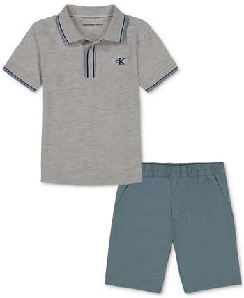 Little Boy Heather Pique Polo Shirt and Twill Shorts Calvin Klein