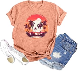 GEMLON Sunset Pine Tree Tshirt Women Camping Tshirt Retro Sun Print Graphic Tee Casual Short Sleeve Top GEMLON