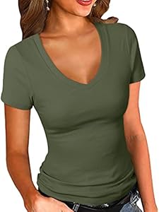 PALINDA Women's Short Sleeves Ribbed Fitted Shirt Basic V Neck Slim T Shirt Tops Palinda