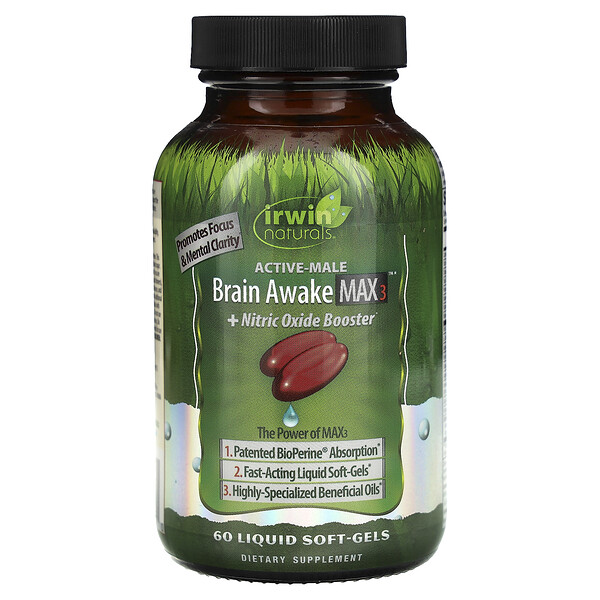 Active-Male, Brain Awake Max 3 + усилитель оксида азота, 60 мягких желатиновых капсул с жидкостью Irwin Naturals