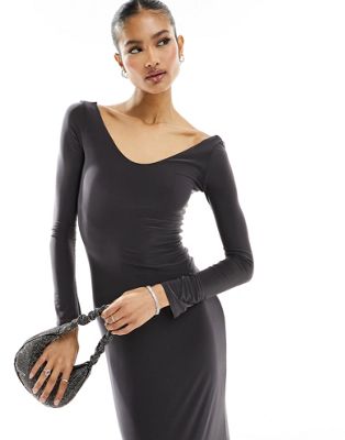 Темно-серое платье макси с открытыми плечами и V-образным вырезом Fashionkilla Fashionkilla