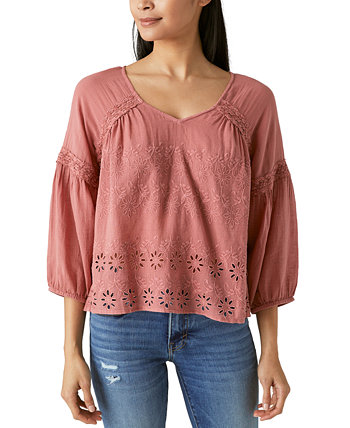Women's Cotton Lace-Trim Embroidered Top Lucky Brand