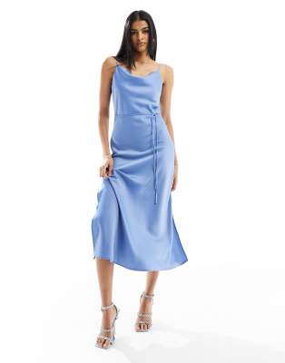 YAS Bridesmaid satin maxi dress with tie waist detail in blue Yas