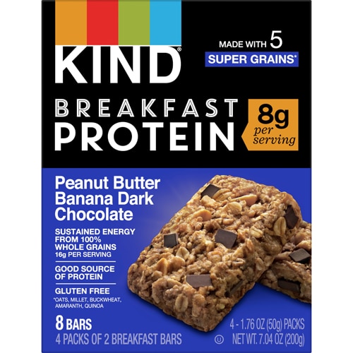 Батончики для завтрака KIND 8 г протеина, без глютена, арахисового масла, банана, темного шоколада -- 8 батончиков KIND