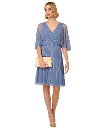 Bead Embellished Flutter-Sleeve A-Line Dress Adrianna Papell
