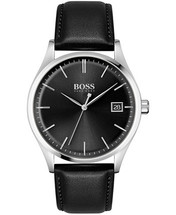 Мужские часы Commissioner с черным кожаным ремешком, 42 мм HUGO BOSS