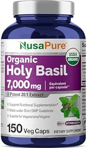 NusaPure USDA Organic Holy Basil Capsules 7000 mg | 150 Vegan Caps | Tulsi Holy Basil Leaf Extract | 2.5% Ursolic Acid | Non-GMO NusaPure