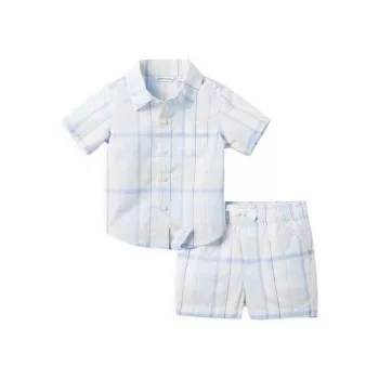 Двухсекционная клетчатая рубашка с короткими рукавами для маленьких мальчиков и усилитель; Комплект шорт Janie and Jack