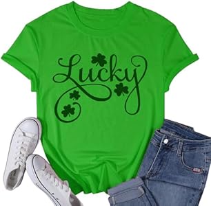 Womens St Patrick's Day Shirts Shamrock Lucky Tshirts Irish Clover St Pattys T-Shirt Casual Short Sleeve Graphic Tee Tops Wiadex