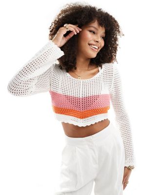 ONLY long sleeve open knit crop top in white with stripe  ONLY