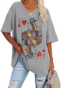 Fazortev Womens Oversized Queen Of Hearts Graphic T Shirts Casual V Neck Half Sleeve Summer Loose Tees Tunic Tops Fazortev