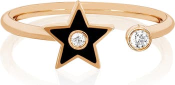 14K Rose Gold Black Enamel & Diamond Open Star Ring - Size 7 - 0.06 ctw EF Collection