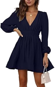 Женское Повседневное Платье FAIABLE Mini Dress Deep V Sexy Long Sleeve A-line High Waisted Casual Flowy FAIABLE