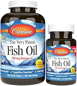 Carlson - The Very Finest Fish Oil, 700 mg Omega-3s, Norwegian Fish Oil Supplement, Wild Caught Omega 3 Fish Oil, Sustainably Sourced Fish Oil Capsules, Omega 3 Supplement, Lemon, 120 Softgels Carlson