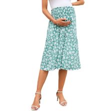 Women's Elastic High Waisted Maternity Skirt Floral Pleated Swing Flowy Midi Skirts With Pockets MISSKY